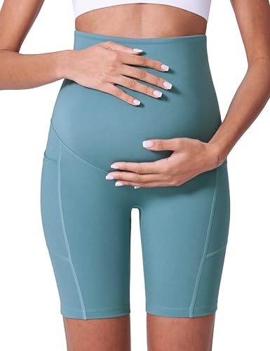POSHDIVAH 3/4 Pack Maternity Biker Shorts Over The Belly with Pockets 5"/8" - color: Black/Blue/Pink 8", size: Large
