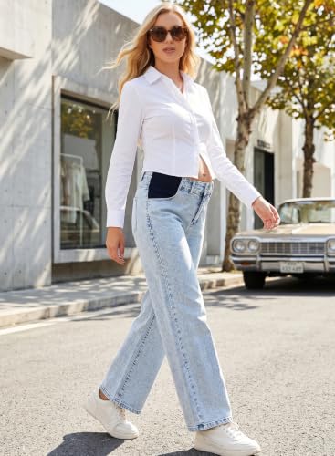 BLENCOT Maternity Jeans for Women Wide Leg Pregnancy Pants - color: Beau Blue, size: Medium