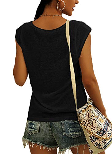 Langwyqu Womens' Cap Sleeve Tees Casual Loose Fit Basic Shirts Tank Tops - color: 00- Black, size: Medium