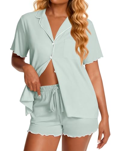 Ekouaer Womens Pajama Sets Bamboo Viscose Button Up Pjs 2 Piece Lounge Set - color: Sage Green, size: Small