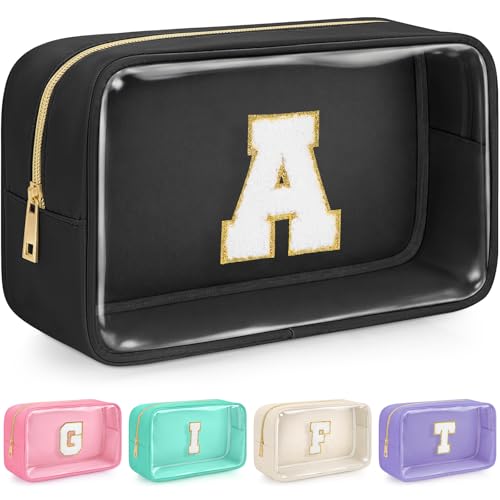 Initial Clear Makeup Bag, Birthday Gift Chenille Patch Cosmetic Bag - color: Black, size: A