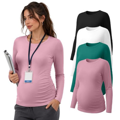 Locoowai 4 Pack Long Sleeve Maternity Underscrub Tops for Nurses - color: Black, White, Lake Green, Light Pink, size: Medium