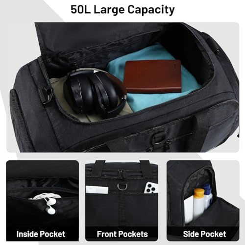 MIER Packable Travel Duffle Bag with Shoe Compartment, 50L, Black - color: Black, size: 50L