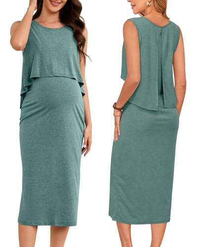 OUGES 2026 Sleeveless Maternity Nursing Dresses for Women Crew Neck Midi Length Easy Breastfeeding Clothes S-XXL - color: Gray Green, size: Medium