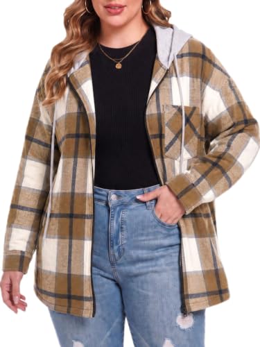 OLRIK Women's Plus Size Hooded Flannel Shacket Zip Up Jacket - color: Beige Brown, size: 2X