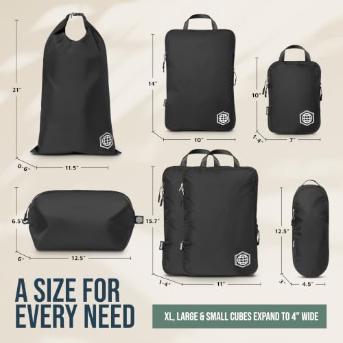 TRIPPED Travel Gear Large Compression Packing Cubes 7-Piece Set for Travel - color: Black