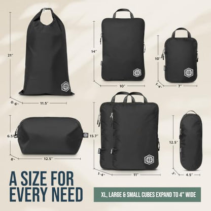 TRIPPED Travel Gear Large Compression Packing Cubes 7-Piece Set for Travel - color: Black