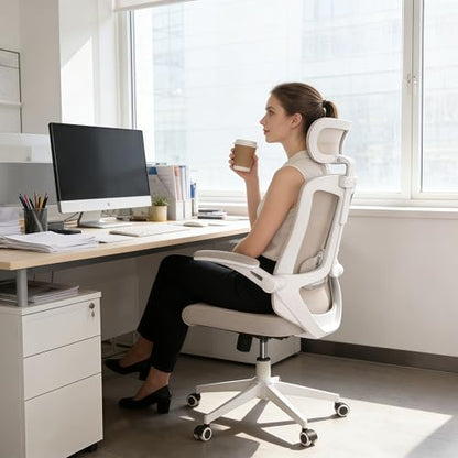 Ergonomic Office Chair - 350LB Comfy Desk Chairs with Adjustable Headrest and Lumbar Back Support, Mesh Computer Chairs with Wheels and Arms for Home Office, Study (Khaki-with Headrest) - color: Khaki