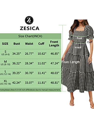ZESICA Women's Summer Boho Gingham Puff Sleeve Square Neck Beach Midi Dress - color: Black, size: Large