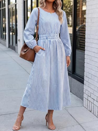 ANRABESS Women's Long Sleeve Striped Fall Midi Dress with Pockets - color: Blue White Stripe, size: Medium
