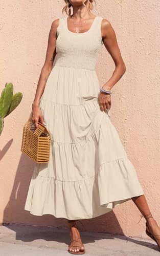 PRETTYGARDEN Women's Smocked Tank Casual Plain Maxi Sundress with Pockets - color: Apricot, size: Medium