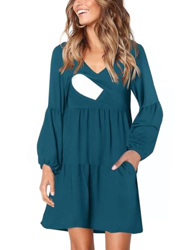 CzzzyL Women's Maternity Nursing Dress Ruffle Lantern Long Sleeve V Neck Breastfeeding with Pockets