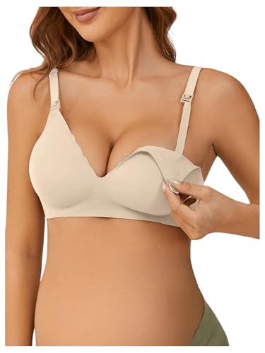 OYOANGLE Women's Maternity Nursing Bra Wireless Push Up Breastfeeding Bras - color: Apricot, size: Medium