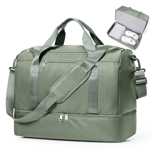 Travel Duffel Bag,Carry-On Overnight Weekender Bags with Shoes Compartment - color: Olive Green, size: Small