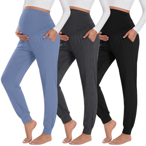 Neer 3 Pack Maternity Joggers Lounge Sweatpants with Pockets - color: Black, Dark Heather Gray, Blue, size: Medium