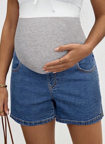 BLENCOT Maternity Jeans Over The Belly Pregnancy Clothes with Pockets - color: Sail Blue, size: Medium