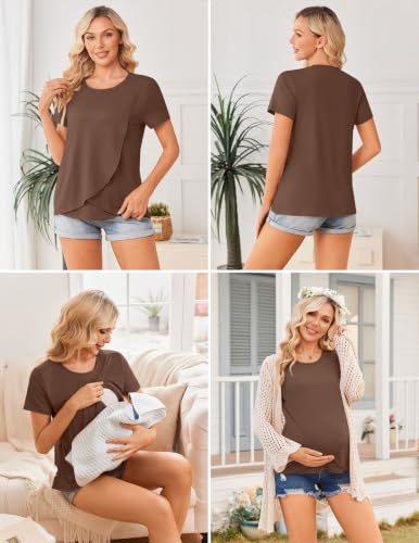 Ekouaer 3 Pack Nursing Shirts Short Sleeve Breastfeeding Tops Maternity Tee - color: Black/Brown/Light Gray, size: XX-Large