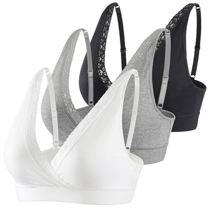 COLOMI Maternity Nursing Bra Wirefree Cotton Breastfeeding Bra for Sleep Lace Maternity Bralette - color: Black+grey+white, size: Medium