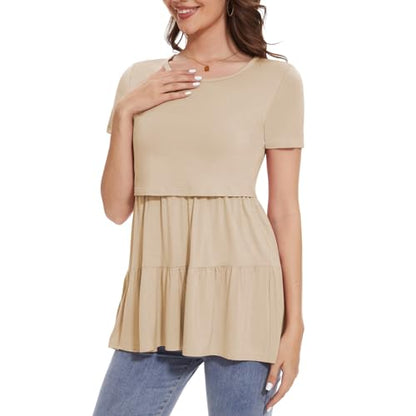 Bearsland Short Sleeve Nursing Top - color: Purple & Khaki & Green-white Flower, size: Medium