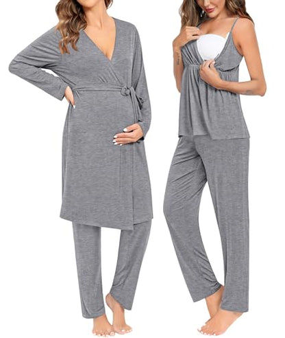 SWOMOG Maternity Nursing Robe Set 3 Piece Breastfeeding Pajamas 3 in 1 Labor Delivery Sleevless Tops&Long Pants Pregnancy Pjs - color: Grey, size: Medium