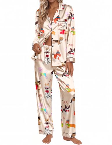 Ekouaer Silk Satin Pajamas for Womens Button Up Long Sleeve Pjs Lounge Set - color: Dog Print, size: Large