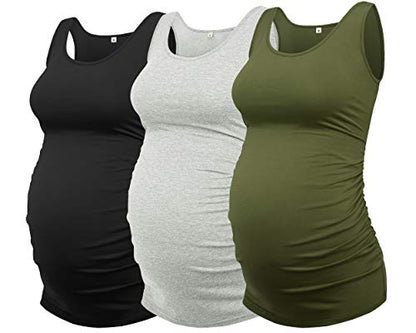 AMPOSH Womens Maternity Tank Tops 3 Pack Cotton Sleeveless Ruched Side Pregnancy Postpartum Shirts Soft Stretch Basic Top - color: 39 Black/Gray/Olive, size: Medium