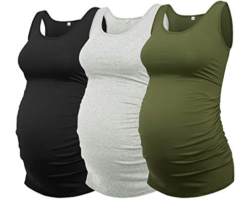 AMPOSH Womens Maternity Tank Tops 3 Pack Cotton Sleeveless Ruched Side Pregnancy Postpartum Shirts Soft Stretch Basic Top - color: 39 Black/Gray/Olive, size: XX-Large