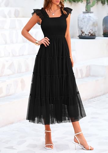 PRETTYGARDEN Women's Summer Smocked Midi Tulle Dress - color: Black, size: Small