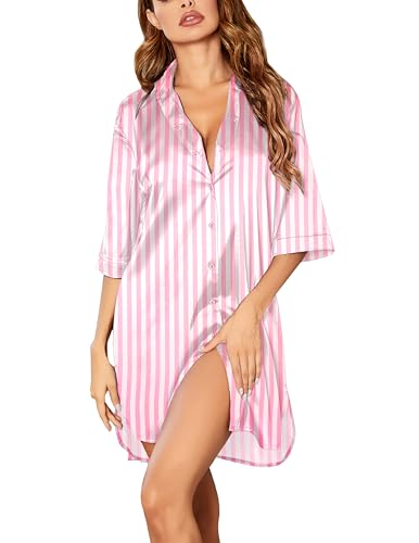 Ekouaer Womens Satin Button Down Nightshirt 3/4 Sleeve Boyfriend Nightgown - color: A_pink Strip, size: Medium