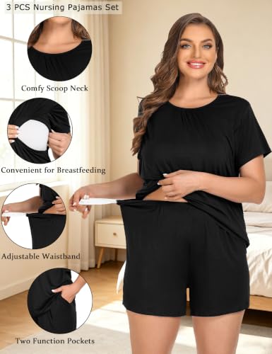 SWOMOG Women 3Pcs Maternity Pajama Set Nursing Pjs Pregnancy Set Breastfeeding Pjs Double Layer with Pockets - color: Black, size: Small