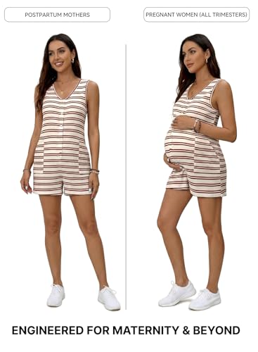 BLENCOT Maternity and Postpartum Romper for Women Button Down Striped Sleeveless V Neck Loose Jumpsuit with Pockets - color: Red Stripe, size: Large