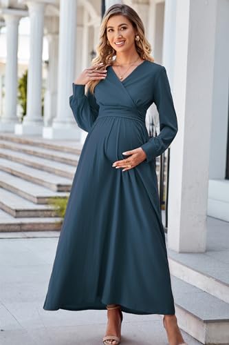 OUGES Women's Wrap Pregnancy Maxi V Neck Fall Baby Shower Maternity Dress - color: Gray Blue, size: XX-Large