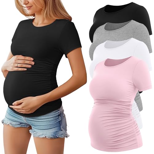 Huukeay 4 Pack Women's Short Sleeve Maternity Tops - color: Black, Pink, White, Light Gray, size: Large