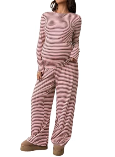 BLENCOT Maternity 2 Piece Outfits Striped Long Sleeve Pregnancy Set - color: Pink, size: XX-Large
