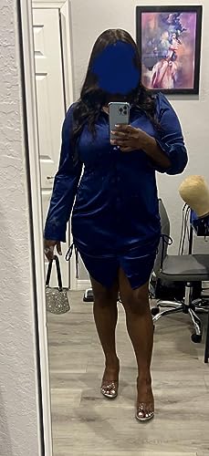 Women's Sexy Button Down Shirts Loose Collar Long Sleeve Ruched Silk Cloth Night Out Club Mini Wrap Dress Drawstring - color: Blue, size: Medium