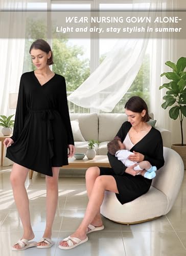 Rnxrbb 3 PCS Nursing Pajamas Robe Set Maternity Postpartum Pjs for Hospital - color: Black, size: Small