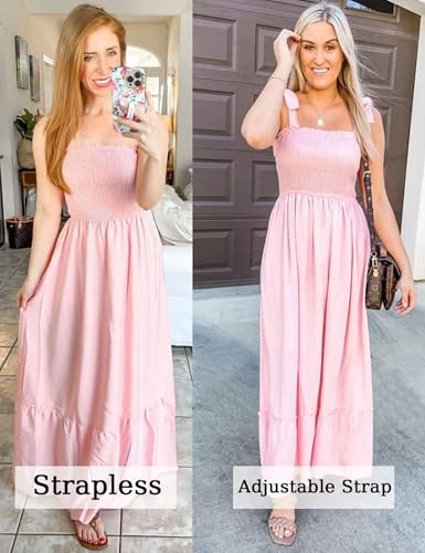 Tobrief Women's Boho Dress Summer Spaghetti Strap Square Neck Flowy Ruffle Beach Long Maxi Dress - color: 03 Pink, size: Small