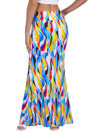 KIFOVEN Women's Foldover High Waist Maxi Skirt - color: Colorful Moire, size: X-Small