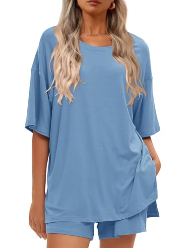 Women's 2 Piece Short Sets Loose Lounge Sets Oversized Summer Matching Sets - color: Blue, size: XX-Large