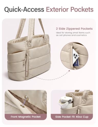 Uselike Tote Bag for Women with Zipper, Quilted Puffer Tote Bag with Compartments, Lightweight Puffy Work Bags for Women - color: Desert