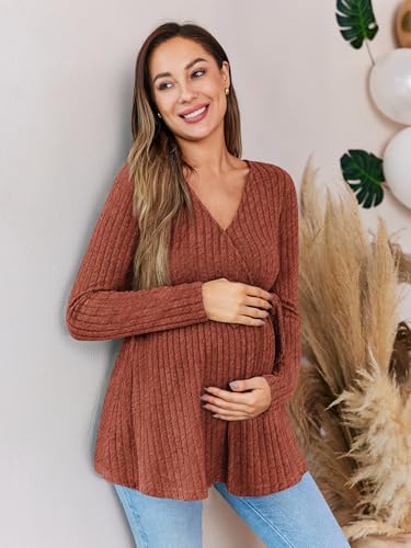 FMEYOA Women's Maternity Shirts Long Sleeve Pregnancy Tops - color: Brick Red, size: Medium