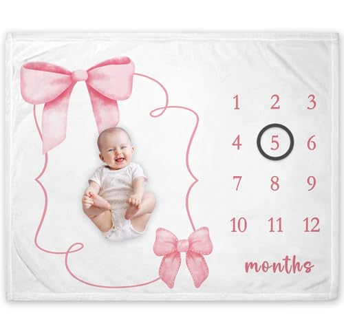 Pink Bow Milestone Blanket, Girl Bowknot Baby Growth Chart Monthly Blanket - color: Bow