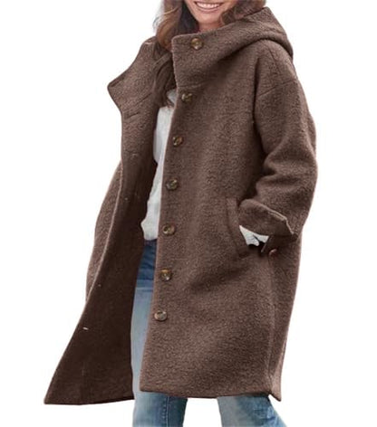 chouyatou Women's Winter Single Breasted Long Wool Coat with Hood Casual Wool Blend Trench Coat Jacket - color: Coffee, size: Medium