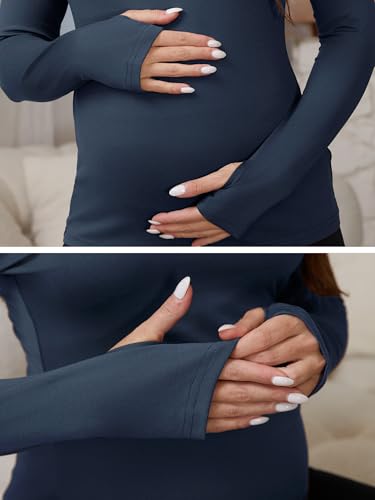 Women Maternity Stretchy Fitted Crew Neck Long Workout Tops - color: Navy Blue, size: Small