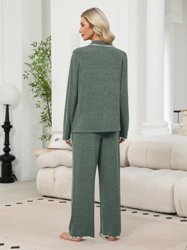 WIHOLL Women's Pajamas Sets Cute Ruffle Long Sleeve Button Up 2 Piece Pjs - color: Green, size: Small