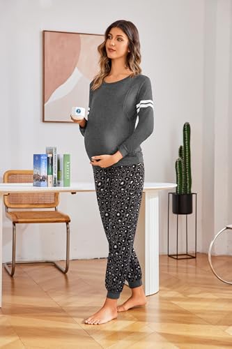 Maternity Pajamas Set Nursing Breastfeeding Postpartum Pregnancy Pjs - color: Grey-leopard Print, size: Small