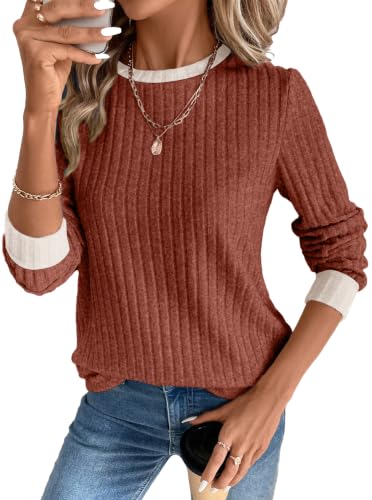 OFEEFAN Womens Sweaters Crew Neck Tunic Tops Long Sleeve Shirts Curved Hem - color: B-caramel Color Block, size: Small