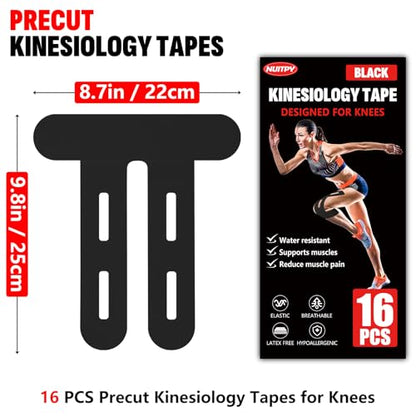 16 Pcs Black Kinesiology Tape for Knees, Knee Support Tape - color: Black