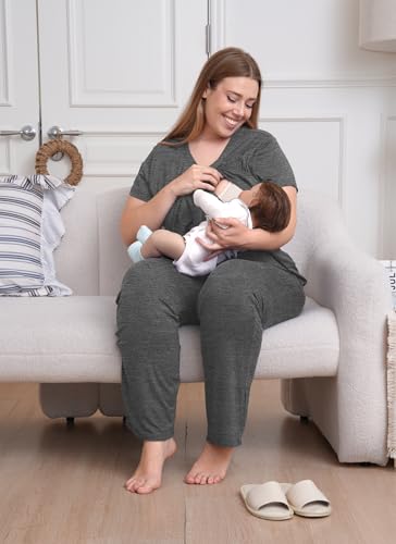 Rnxrbb 3 Piece Postpartum Nursing Pajamas Set Maternity Breastfeeding Pjs - color: Deep Gray, size: Small