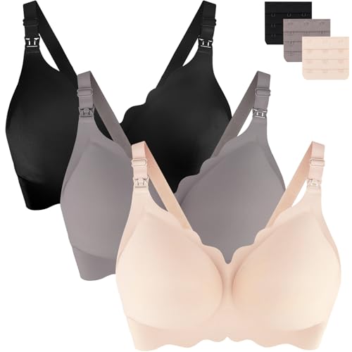 UHdod Nursing Bras for Breastfeeding, Seamless Wireless Maternity Bra - color: Black + Nude + Grey, size: Medium